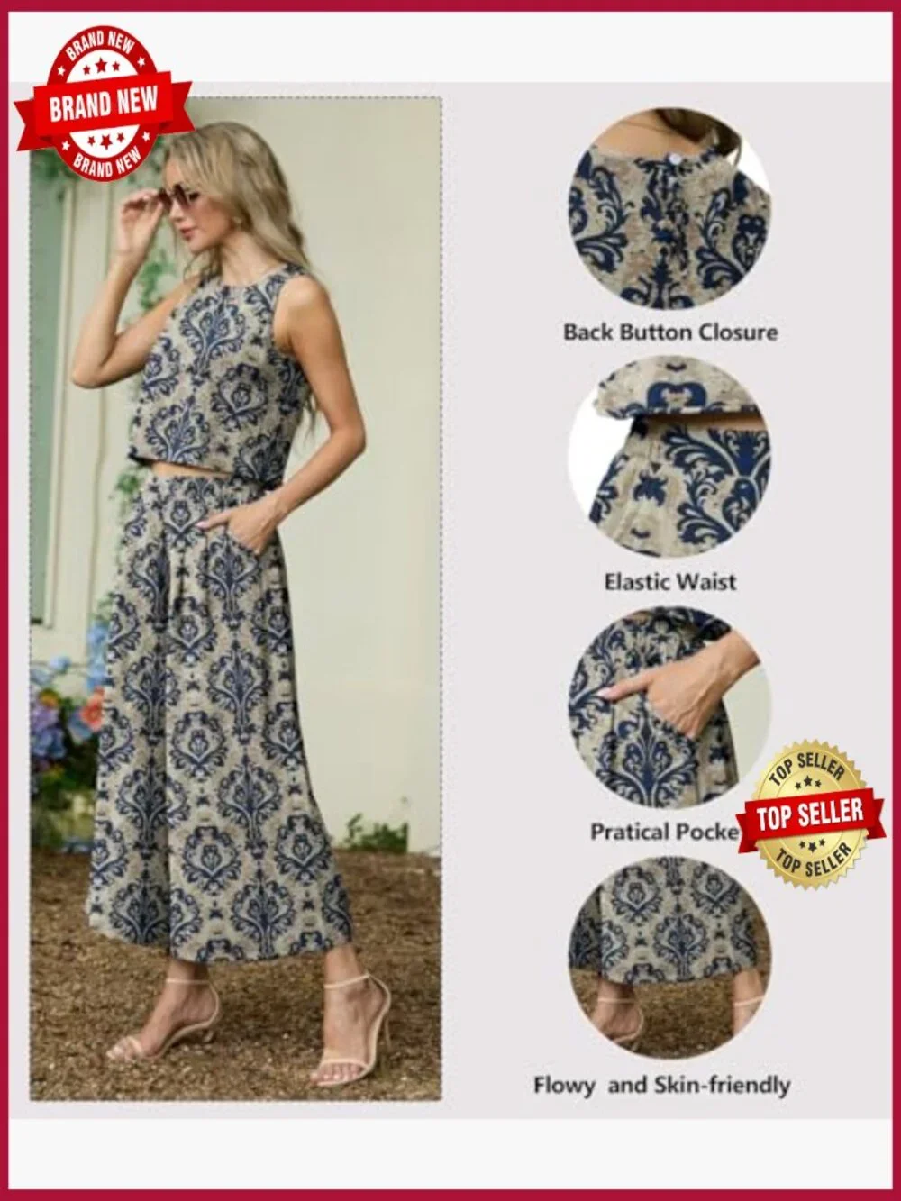 Sleeveless Crop Top & Wide Leg Pants Matching Set 2 Piece Outfit
